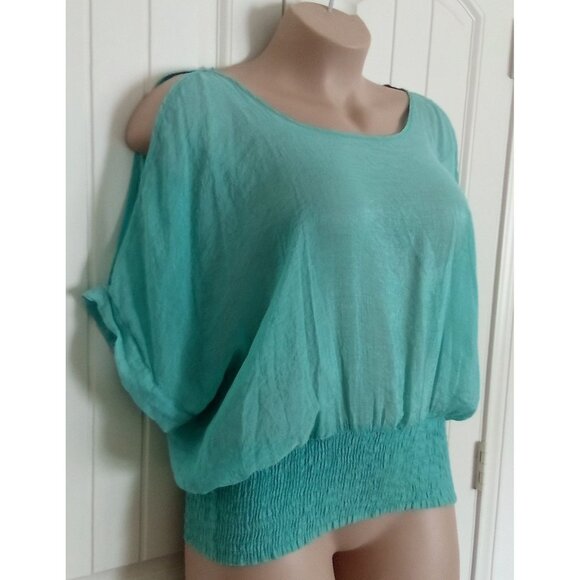 Womens Sheer Teal Cold Shoulder Blouse By Rouge Collection 3X Elastic Waistband - Picture 2 of 7